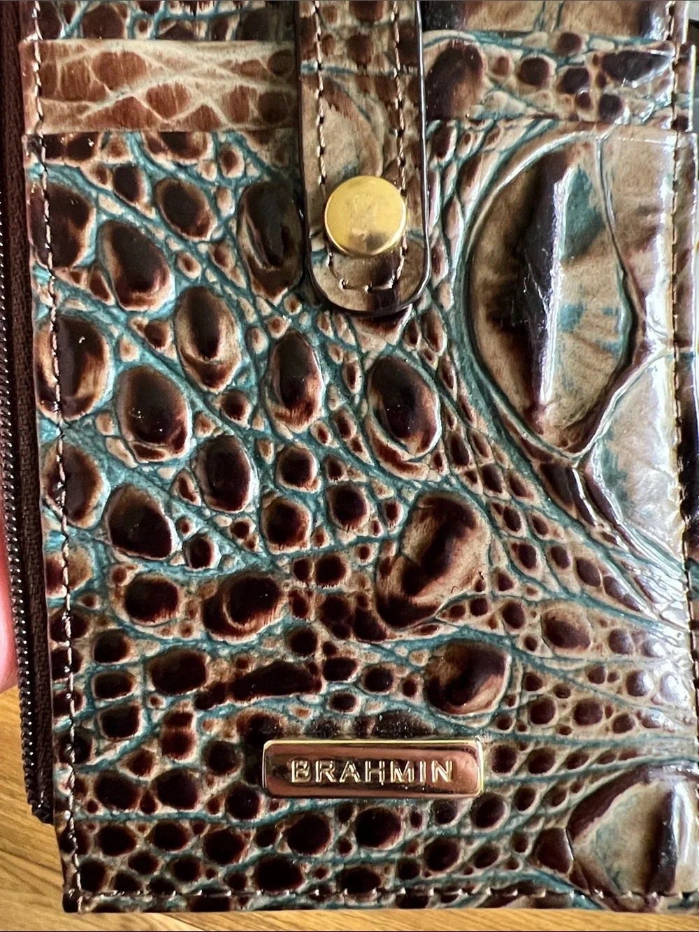Brahmin Brown with Teal-Accented Croc-Embossed Leather Zip Card Holder